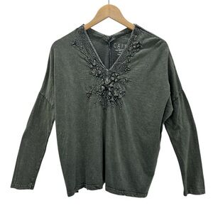 Caite Juliana Embroidered Cotton Long Sleeve Top Boho Artisan V-Neck Small